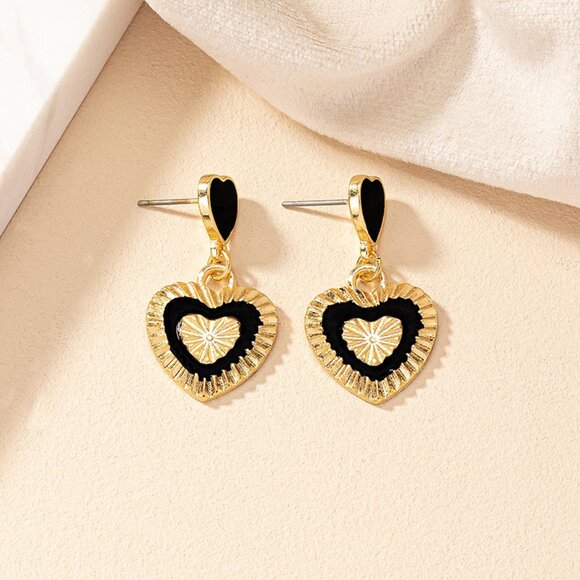 3/$35 Heart Shape Ear Studs Drop Dangle Earrings Black Gold Jewelry - Picture 4 of 6